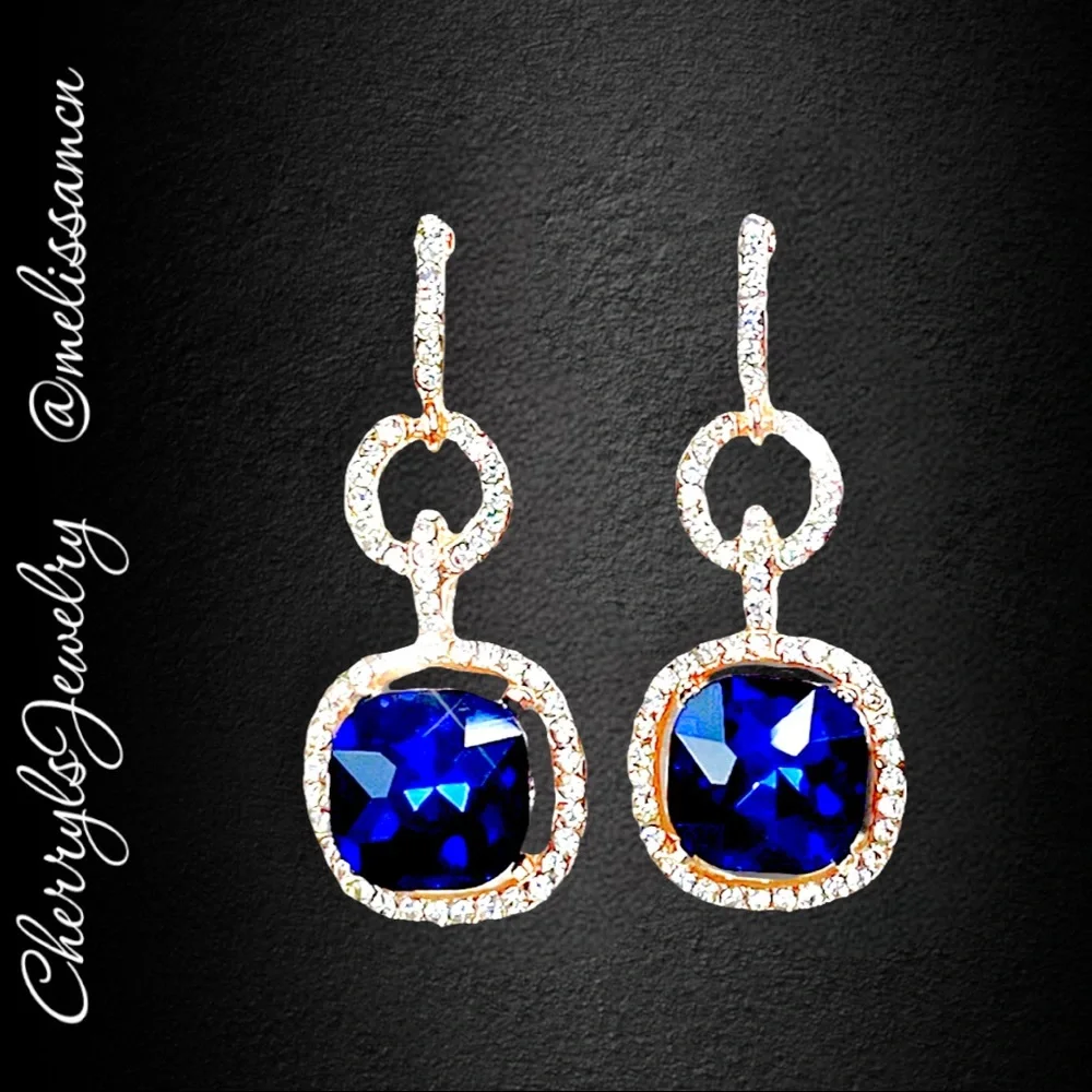 Blue Crystal Rhinestone Special Occasion Earrings - Picture 1 of 6